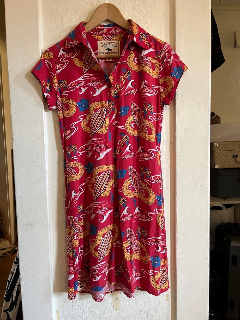 Western Aloha Keoni Surfboard Hawaiian Dress Big Island Red Rayon Pockets XS